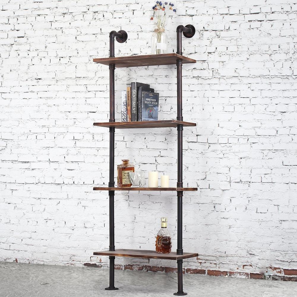 Industrial Style Metal and Wood 4-Tier Display Shelf, Freestanding Utility Rack with Wheels