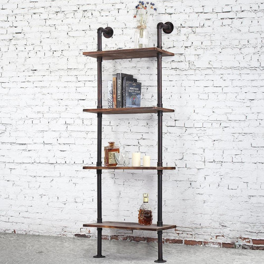 Industrial Style Metal and Wood 4-Tier Display Shelf, Freestanding Utility Rack with Wheels