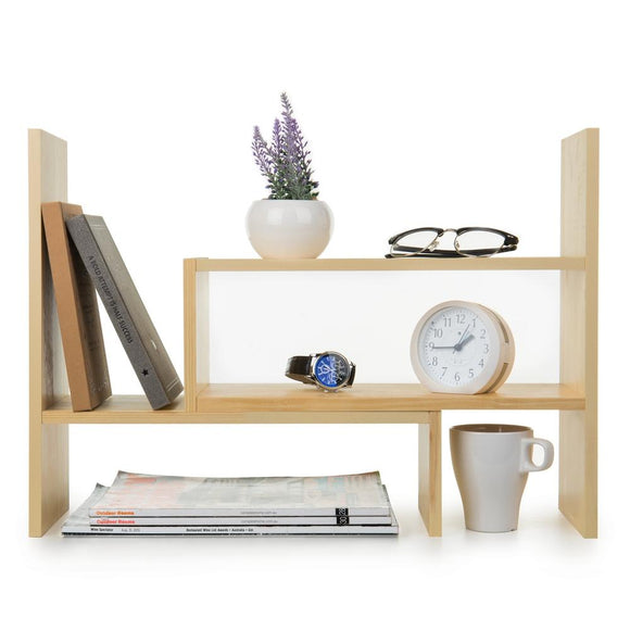 Adjustable Natural Wood Desktop Display Shelf, Beige