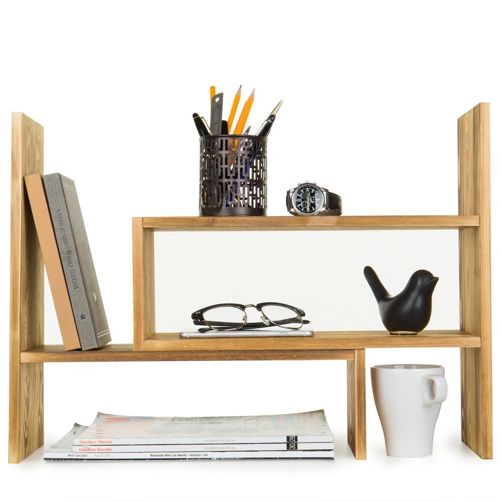 Dark Brown Wood Adjustable Desktop Storage Display Rack