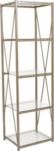 4 Shelf 64"H Cross Brace Glass Bookcase in Matte Gold