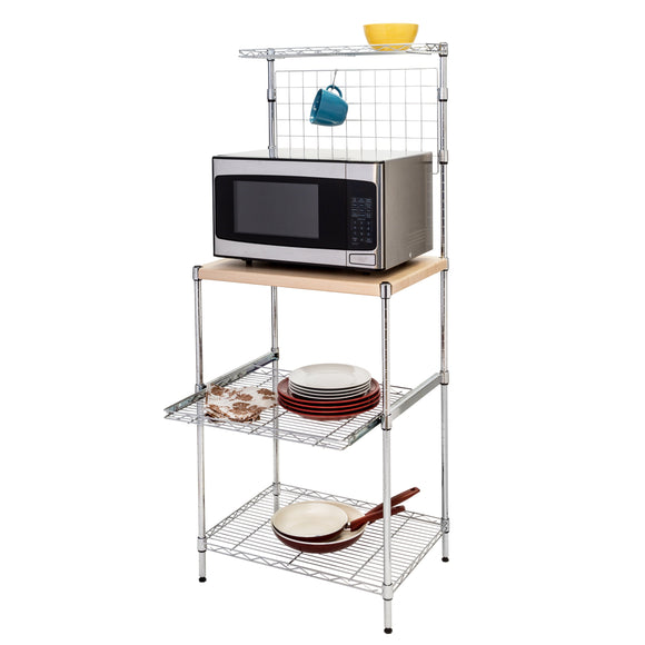 Microwave Shelving Unit with Shelves, Chrome with Wood Top