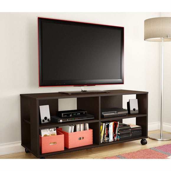 Contemporary TV Stand Cart with Casters in Chocolate Finish