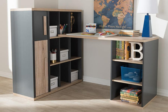 WT970010-DARK GREY/WHITE OAK Baxton Studio Pandora Modern and Contemporary Dark Grey and Light Brown Two-Tone Study Desk with Built-in Shelving Unit