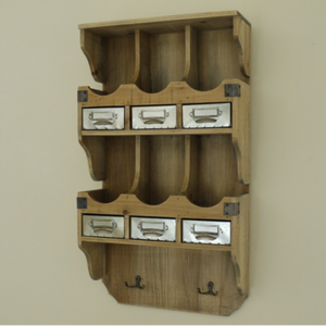 Wooden Wall Storage with Metal Drawers & Hooks