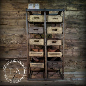 Vintage Industrial Angle Steel Factory Storage Rack Shelf w/ Vintage Pepsi-Cola 7up Wooden Boxes