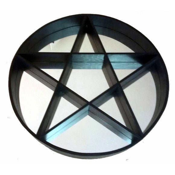 Mirror Pentagram Shelving Unit Circular with Black Shelves and Surround 60cm