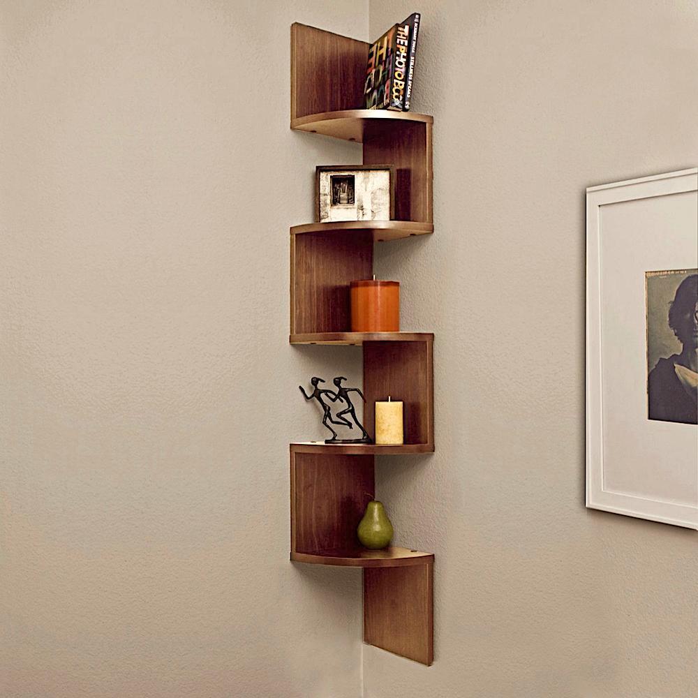 Alpha Corner Wall Mount Shelf Unit Zigzag Shape - Moldau Acacia Walnut